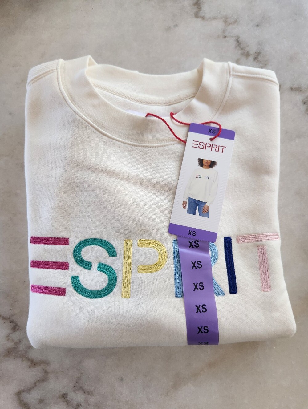 Esprit White Cream Sweatshirt Embroidered Logo Multicolor Rainbow 80's NWT Viral - Picture 5 of 8
